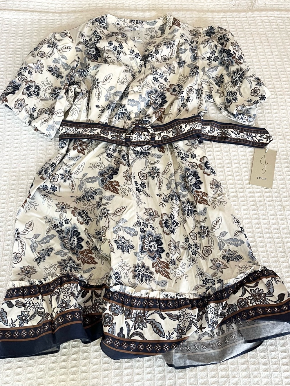 Joie Cream Floral Belted Casual Dress with Navy & Brown Accents